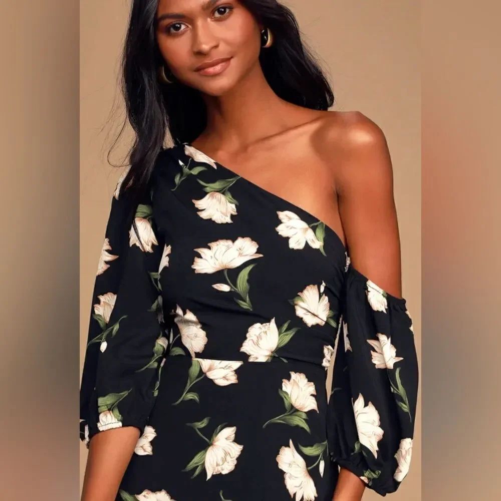 Lulus Florally in Love Black Floral Print Asymmetrical Midi
Dress - Picture 3 of 5